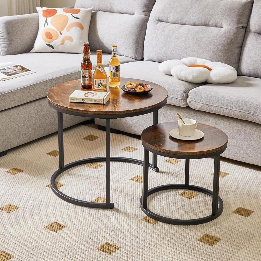 Ronde nesttafel set van 2 salontafels stapelbaar voor woonkamer en slaapkamer rustiek bruin Bijzettafel