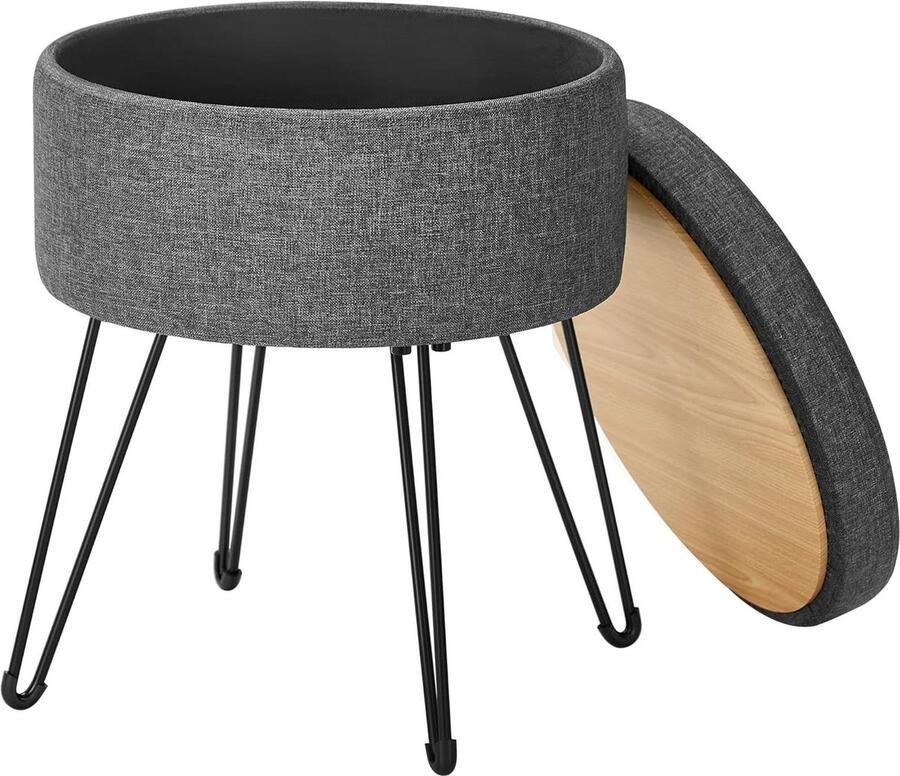 Ronde kruk met opbergruimte voetensteun metalen poten gevoerde zitting donkergrijs 134 l