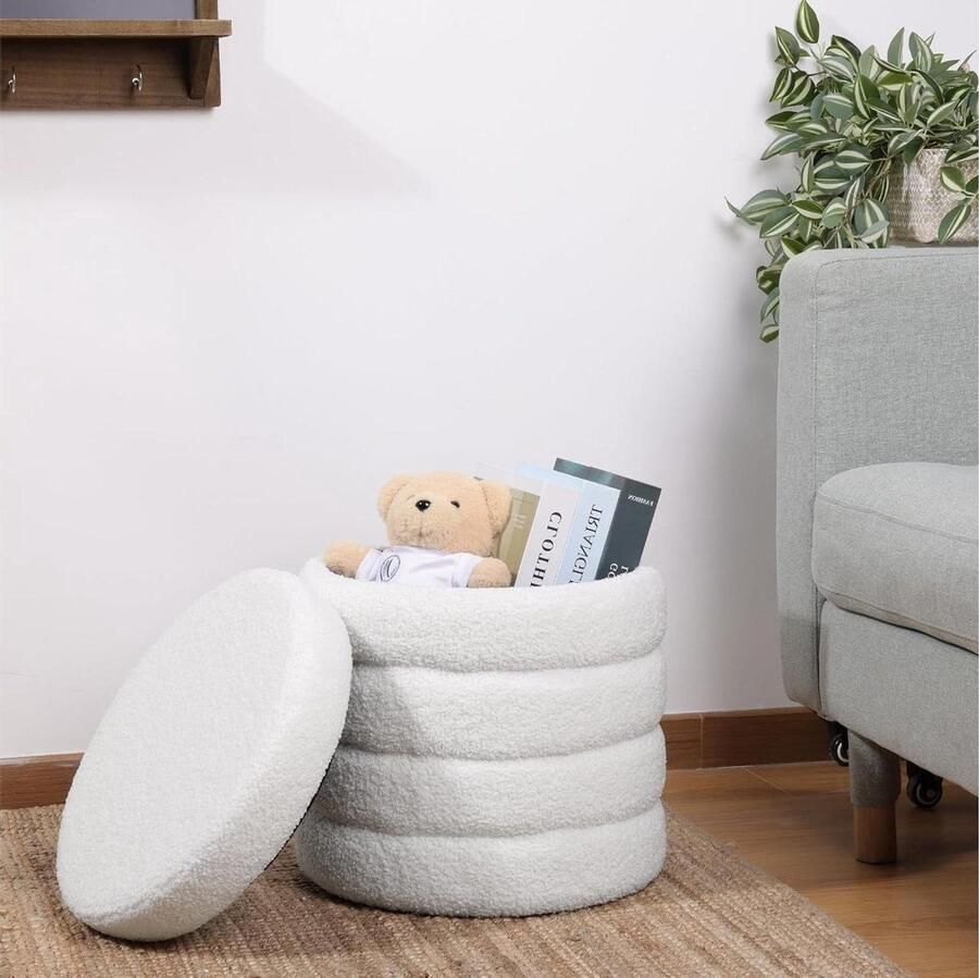 Ronde opbergpoef met bouclé stof Met deksel 37 x 40 x 37 Poef Voetensteun Crème wit