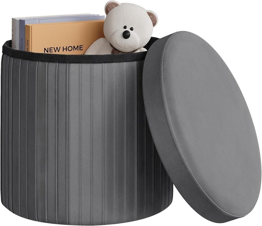Ronde Opbergpoef met Fluwelen Afwerking voor Woonkamer en Slaapkamer Inklapbaar en Compact Diameter 38 cm Hoogte 36 cm Donkergrijs