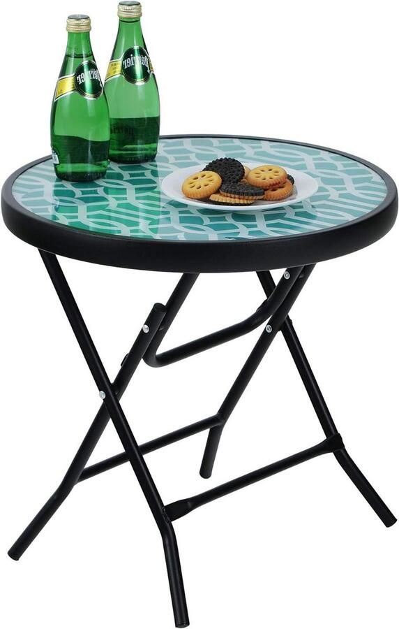 Ronde opvouwbare bijzettafel van glas en metaal weerbestendige kleine balkontafel voor balkon tuin terras woonkamer