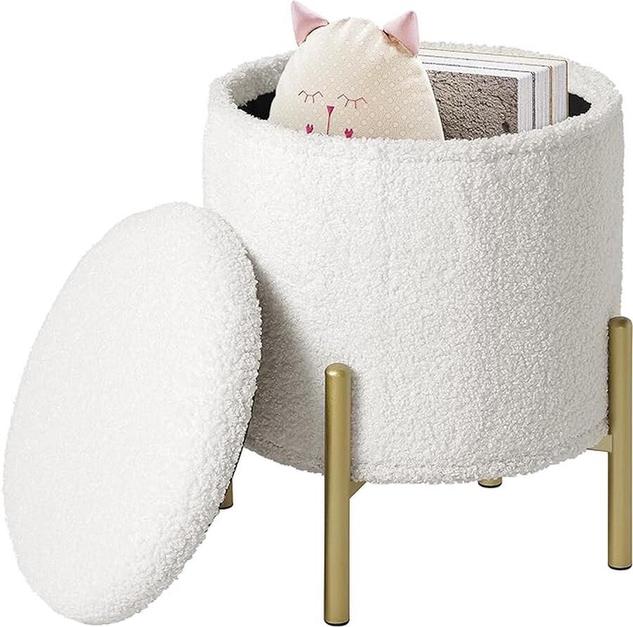 Ronde opvouwbare kruk met opbergruimte en metalen poten. Gevoerd met pluche ideaal als voetensteun. Afmetingen: diameter 35 cm hoogte 41 cm. wit. Geschikt voor woonkamer en slaapkamer