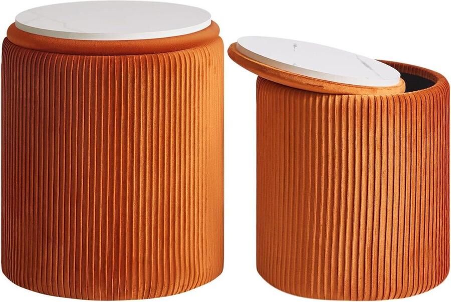 Ronde Ottomaanse met opslag en fluwelen bekleding Moderne make-upkruk en salontafel Gewatteerde zitting Multifunctionele voetensteun Oranje Set van 2