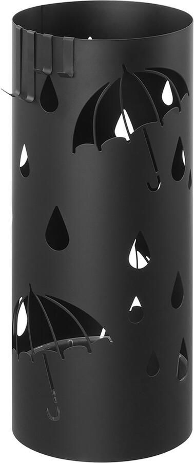 Ronde paraplubak met opvangschaal en 4 haken stevig en duurzaam metalen frame stijlvol opengewerkt ontwerp geschikt voor de entree 17 x 17 x 41 cm zwart