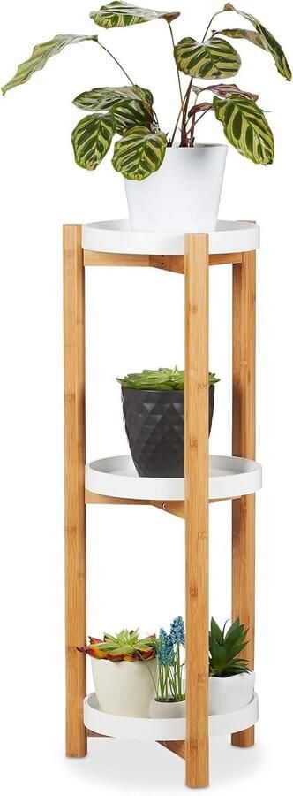 Ronde plantentafel met 3 etages van bamboe en MDF – Modern plantenrek voor binnen