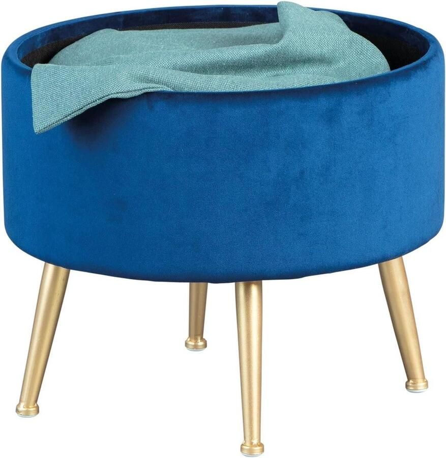 Ronde poef met opbergruimte blauw fluweel goudkleurig metaal 41 x 41 x 38 cm