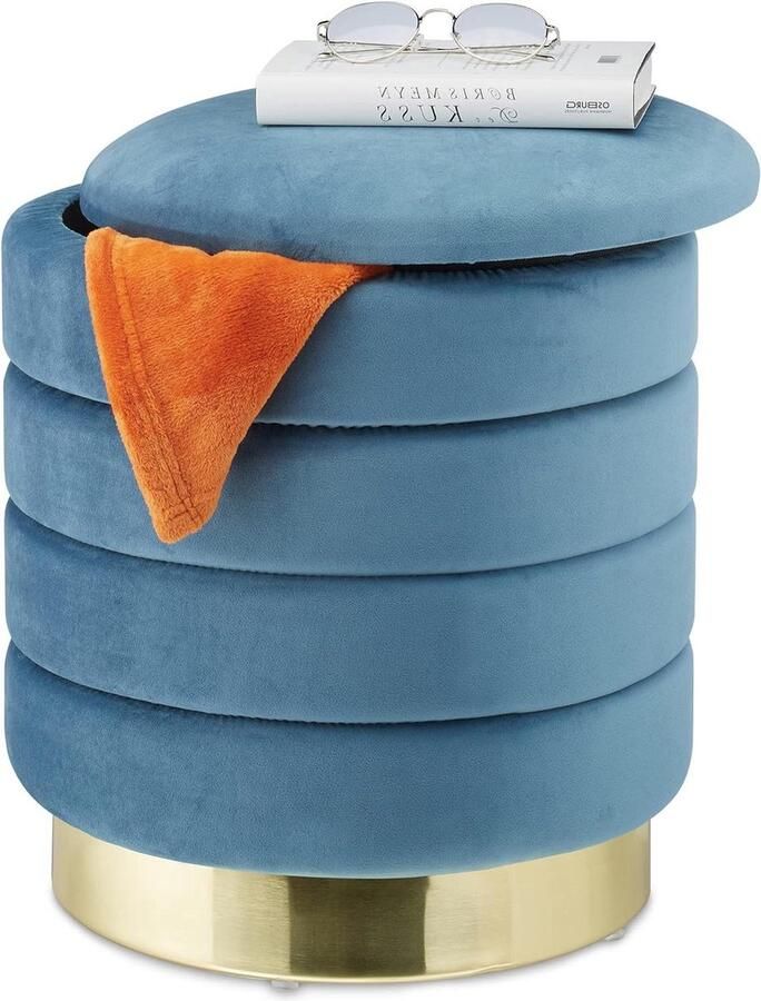 Ronde poef met opbergruimte elegante hocker 1 stuk petrol goud velvet 43 5 x 39 cm