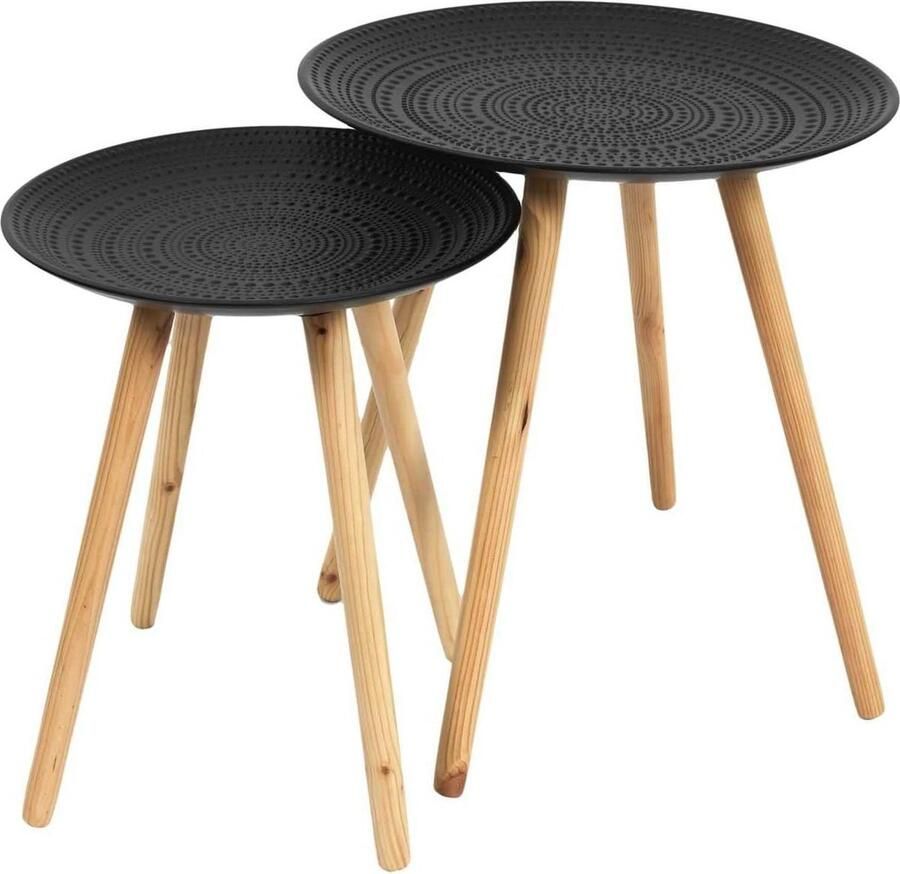 Ronde Reliëf Zwarte Bijzettafel Salontafel Set van 2 Grenenhout 395x395x42 cm