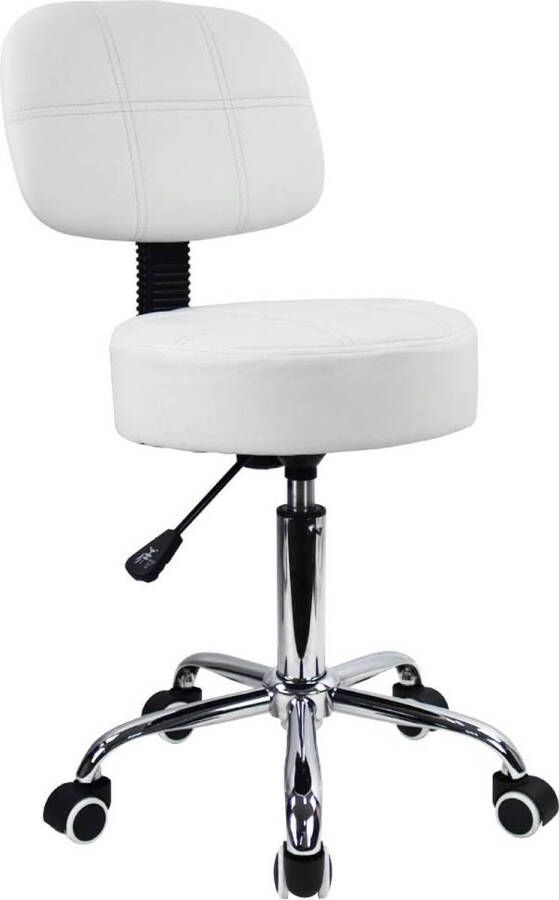 Ronde rolkruk met rug PU lederen in hoogte verstelbare draaibare opstelling werk spa salon krukken stoel met wielen (wit)