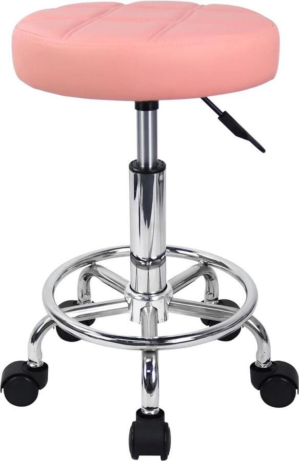 Ronde Rolling Kruk Stoel PU Lederen Hoogte Verstelbare Draaibaar Opstellen Werk SPA Shop Salon Krukken met Wielen Klein Roze