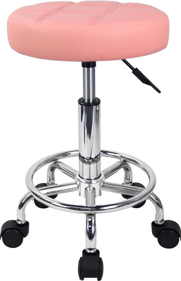 Ronde Rolling Kruk Stoel Verstelbare Draaibaar Opstellen Werk SPA Shop Salon Krukken met Wielen Klein Hoogte Verstelbaar Roze