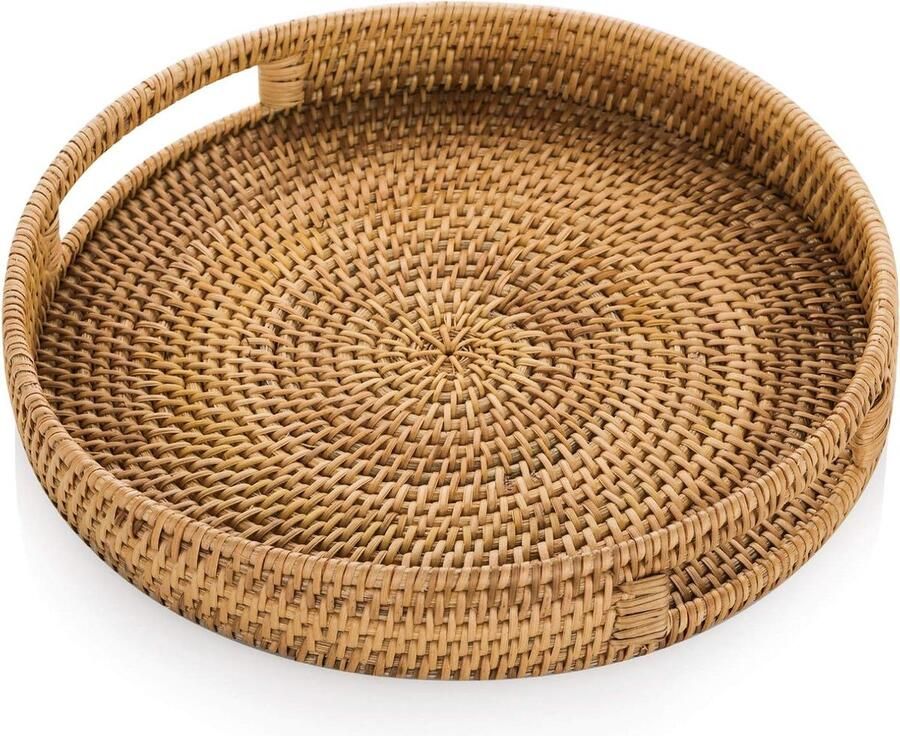 Ronde Rotan Dienblad 35cm Hand Geweven Rieten Dienblad Rustieke Decoratieve Dienblad voor Ontbijt Dranken Snack Brood Koffietafel Bar Diner Feesten Keuken Organizer