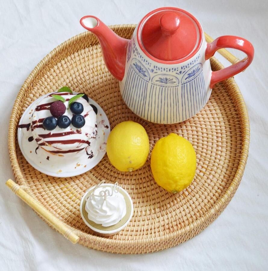 Ronde Rotan Dienblad met Handgrepen Thee Brood Salontafel Mand Taart Gebak 32cm wooden tray