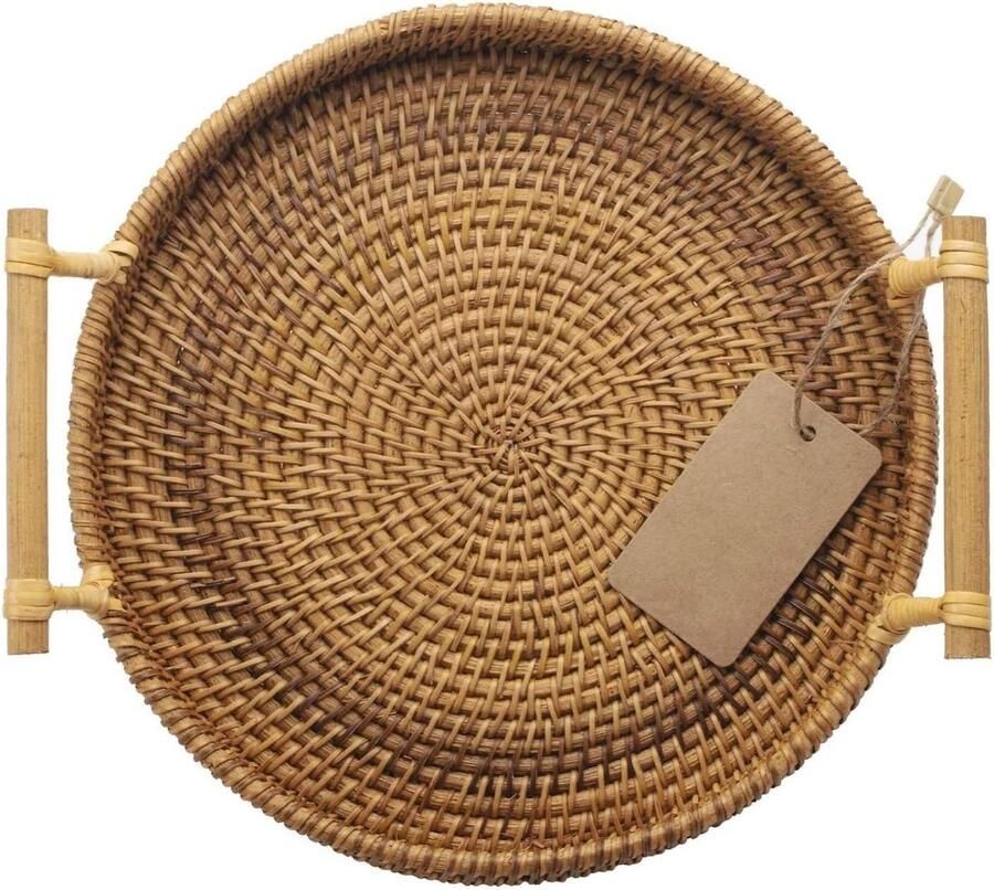Ronde Rotan Dienblad met Handgrepen Thee Brood Salontafel Mand Taart Gebak Natuurlijk 28cm diameter