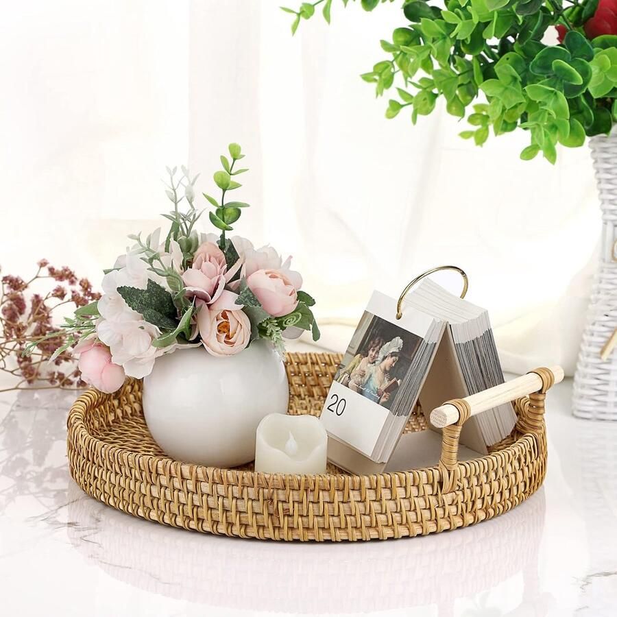 Ronde rotan geweven dienblad 24 5 cm decoratieve display lade opbergschalen met handvat tafel desktop organizer lade voor koffie drank ontbijt thee kaars