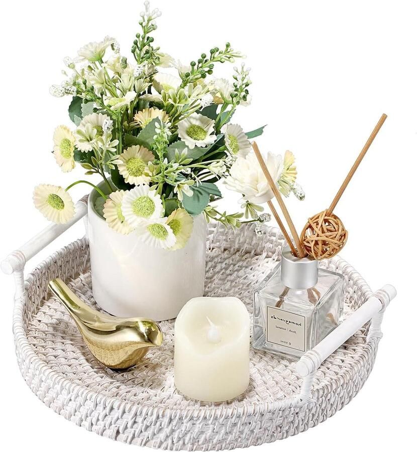 Ronde rotan geweven dienblad 245 cm decoratieve display lade gasthanddoek opbergschalen handvat tafel organizer koffie drank ontbijt thee kaars whitewash