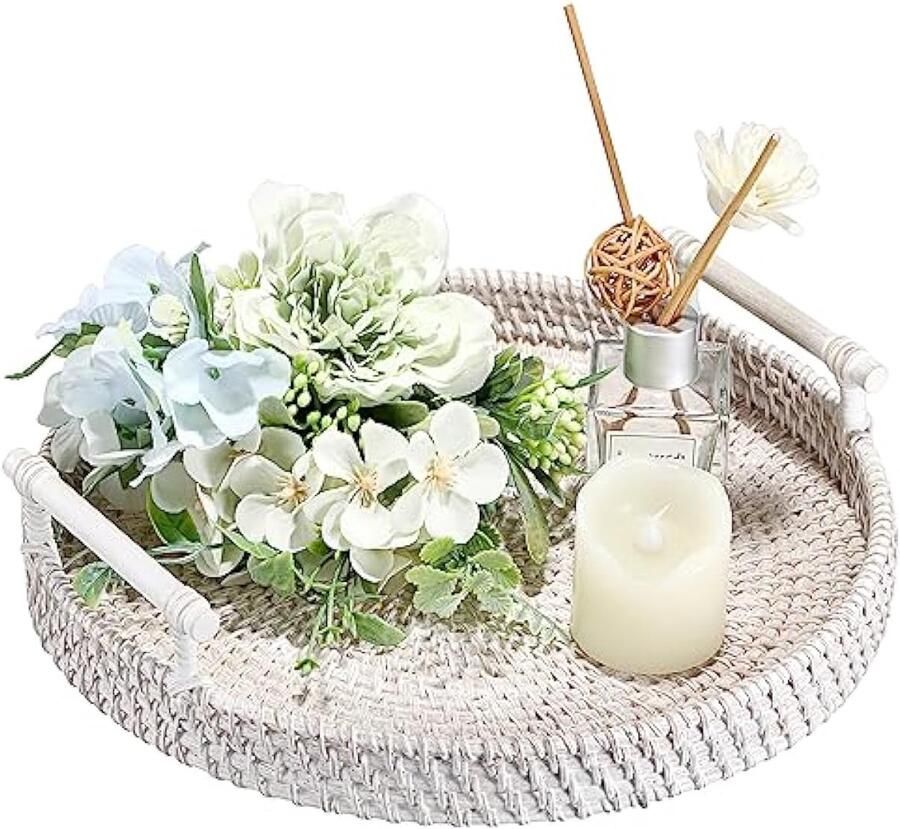 Ronde rotan geweven dienblad decoratieve display lade gasthanddoek lade opslag schalen met handvat tafel desktop organizer lade voor koffie drank ontbijt thee kaars