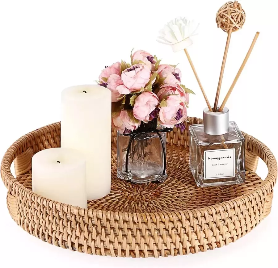 Ronde Rotan Geweven Dienblad Decoratieve Display Lade Opbergschalen met Handvat Tafel Desktop Organizer Lade voor Koffist Drankje Ontbijt Thee Kaars 25cm