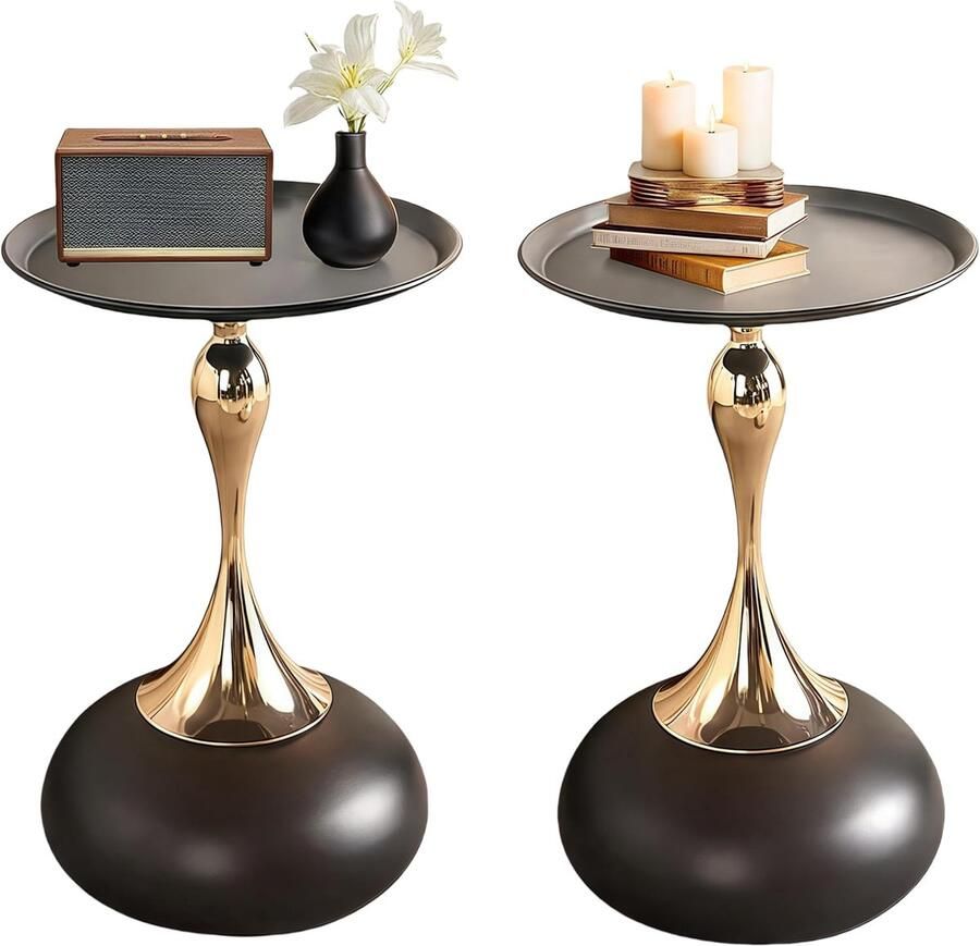 Ronde salontafel Ø40 cm – Zwart-gouden metalen bijzettafel vintage koffietafel of nachtkastje voor woonkamer en slaapkamer