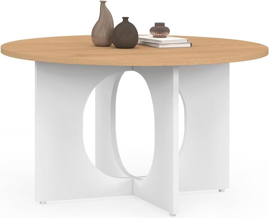 Ronde Salontafel 70 cm – Boogvormig Houten Blad met Wit Onderstel Stijlvol en Functioneel Meubel voor Woonkamer of Zithoek