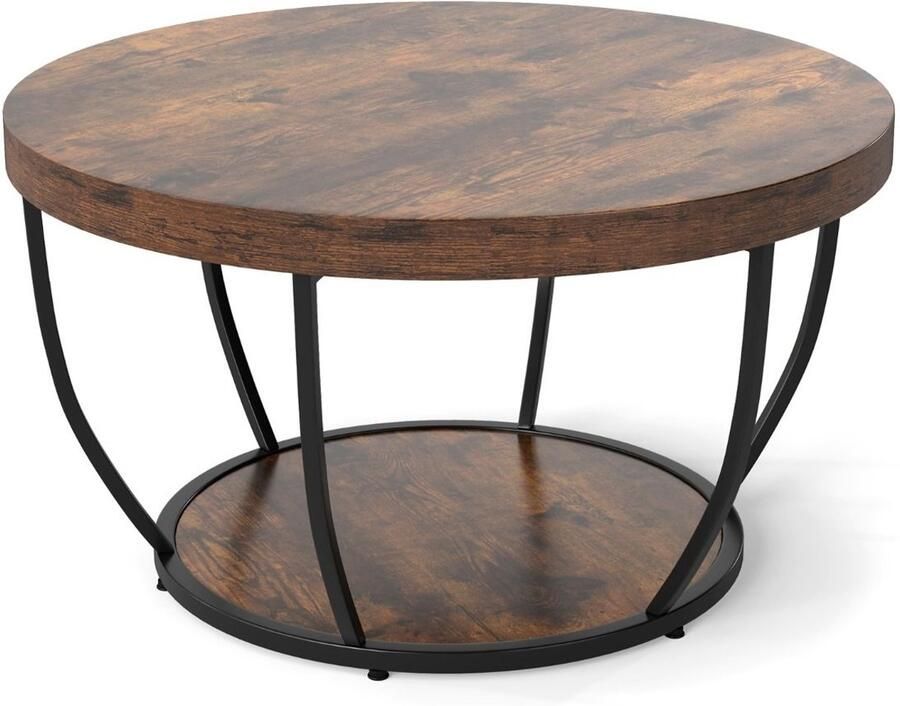 Ronde salontafel 80 cm – 2-laags cocktailtafel metalen frame kunsthouten blad bruin