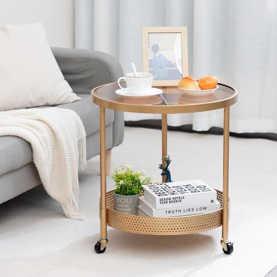 Ronde salontafel bijzettafel metaal gehard glas 2-laags bijzettafel theetafel snacktafel nachtkastje banktafel voor woonkamer slaapkamer balkon terras goud