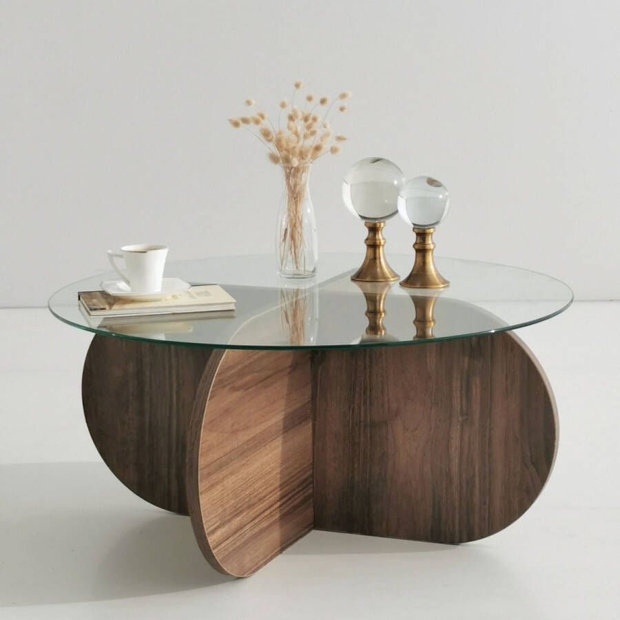 Perfecthomeshop Ronde Salontafel walnoot 75x35cm gehard glass Ronde bijzettafel glas