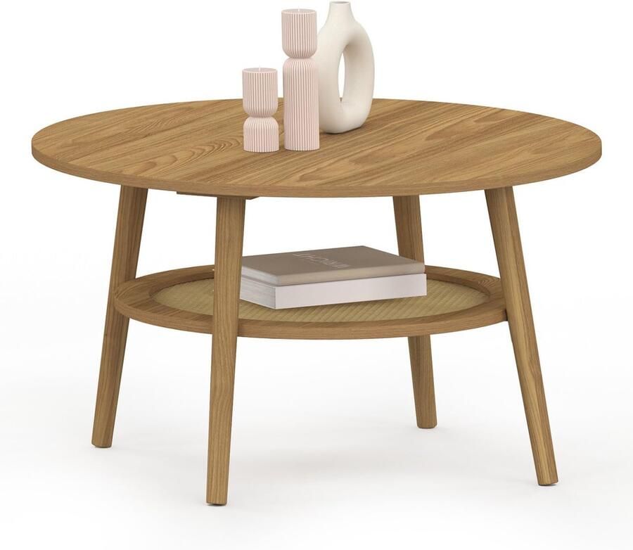 Ronde Salontafel HANAE 70 cm – Houten Tafel met Beuklook en Cannage-effect Elegant Design voor Woonkamer of Zithoek