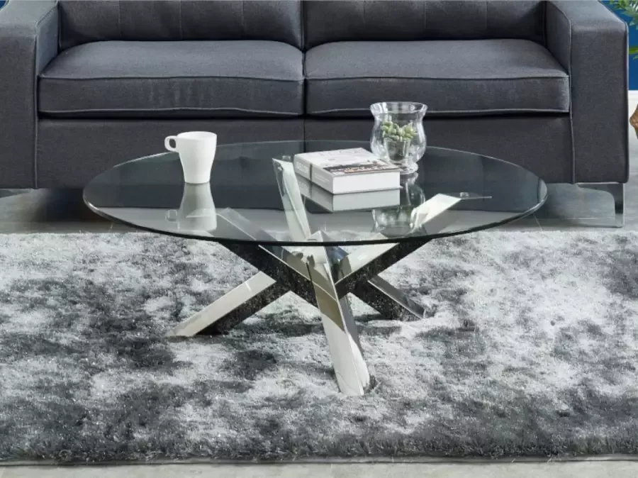 Ronde salontafel LEONORA Gehard glas en stalen gekruiste poten L 100 cm x H 38 cm x D 100 cm