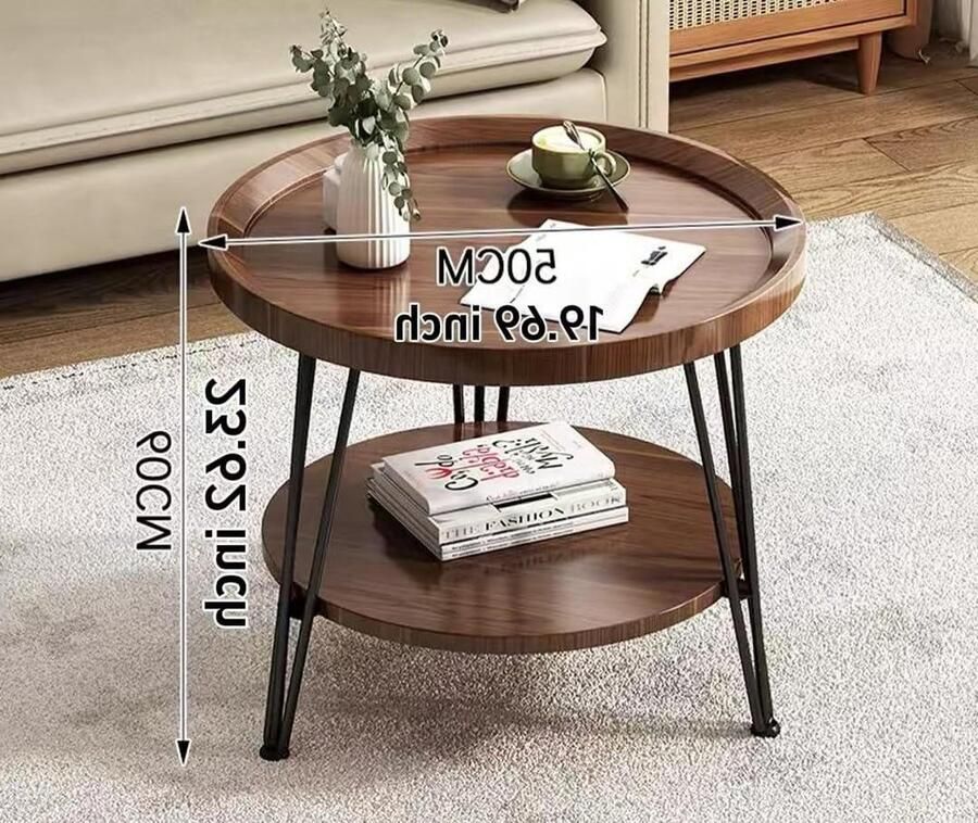 Ronde salontafel met 2 etages en houten afwerking Grote bijzettafel 50 x 60 cm Woonkamertafel met klein tafelblad 40 cm Ø