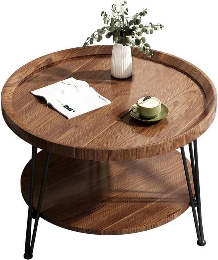 Ronde Salontafel met 2 Etages Houtlook Houten Bijzettafel 1 stuk Ø 50 x 60 cm