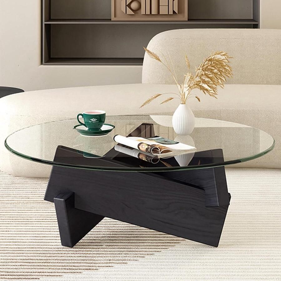 Moderne Ronde Salontafel Bijzettafel voor Woonkamer 1 stuk Zwart Hout & Glas 80 x 80 x 40 cm