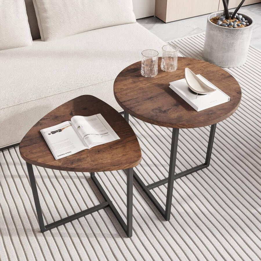 Ronde salontafel set van 2 bijzettafelset banktafel salontafel metalen onderstel en hartvorm houten tafelblad industrieel ontwerp woonkamertafel modern zwart + bruin