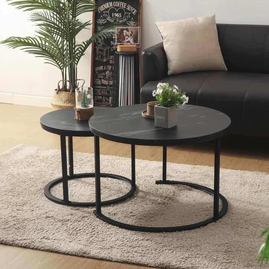 Ronde Salontafel Set van 2 Houten Bijzettafels met Metalen Frame voor Woonkamer en Balkon
