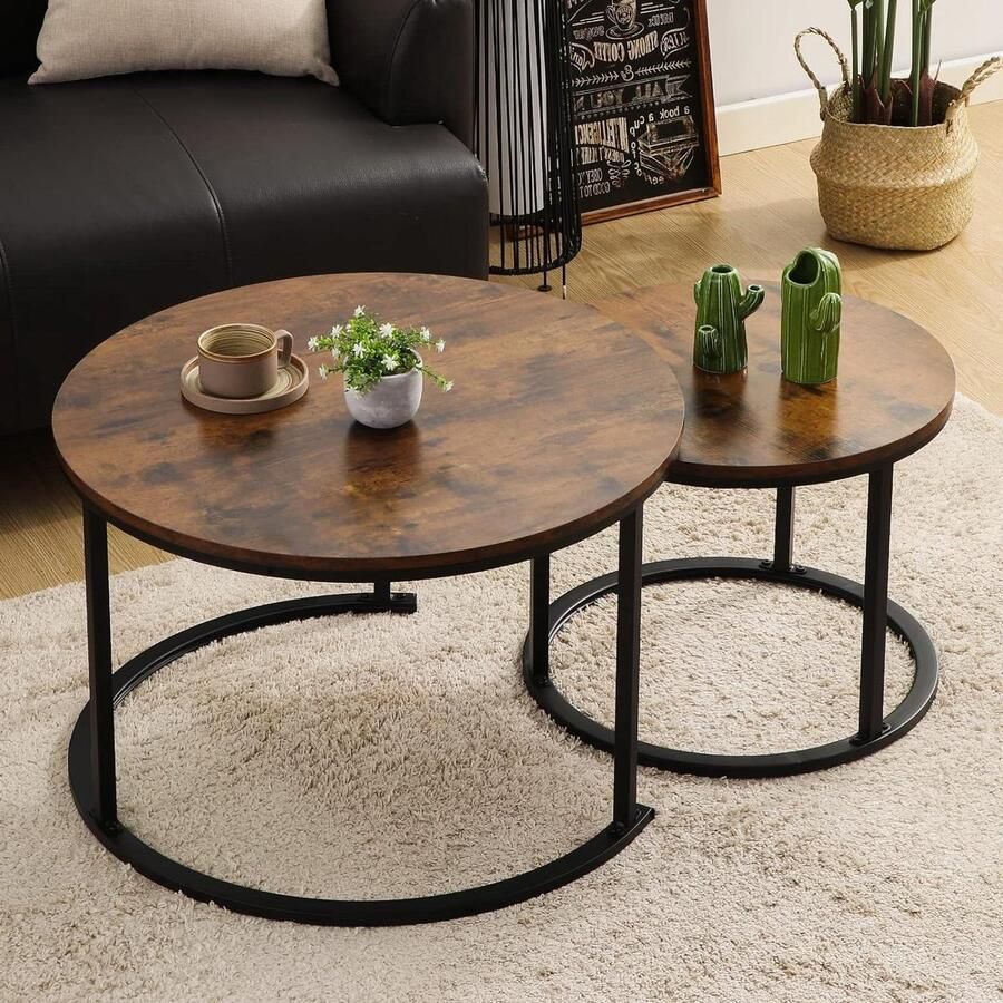 Ronde salontafel set van 2 houten bijzettafels modern design metalen frame woonkamer balkon kantoor bruin