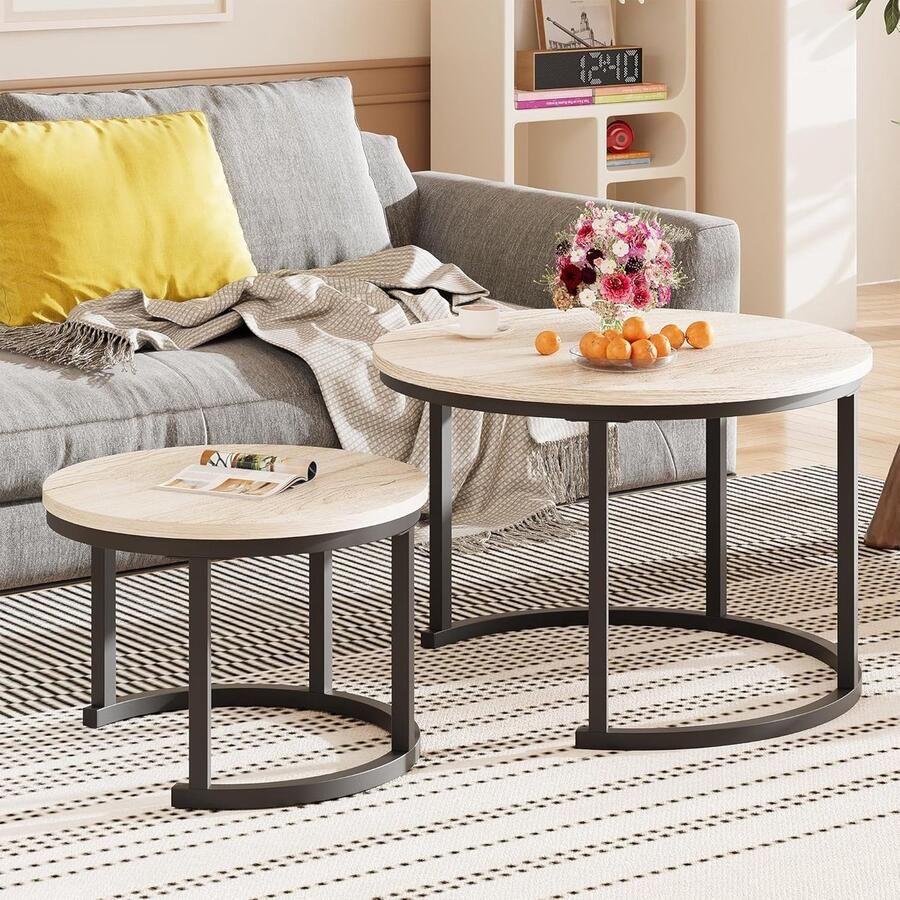 Ronde Salontafel Set van 2 Houten Bijzettafels voor Woonkamer