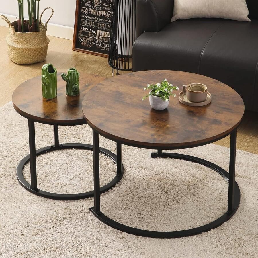 Ronde Salontafel Set van 2 Houten Woonkamertafel met Metalen Frame Modern en Compact voor Woonkamer en Balkon