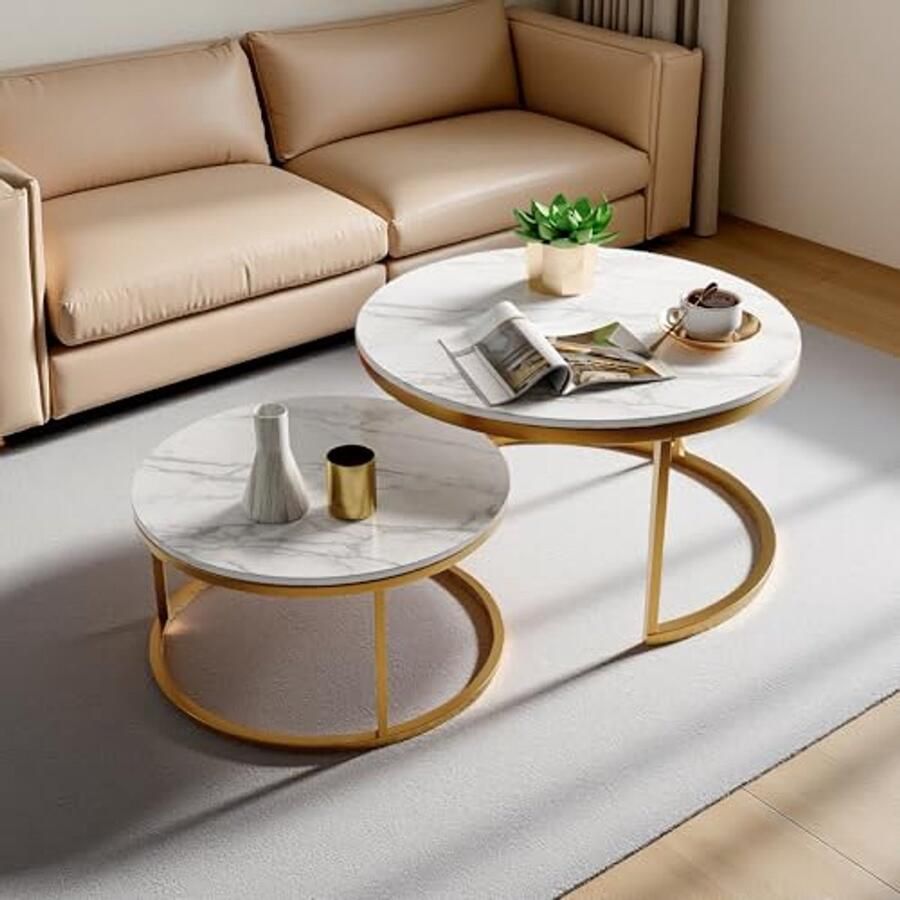 Ronde Salontafel Set van 2 met Goudkleurig Frame en Wit Marmer Ideaal voor Woonkamer Slaapkamer en Kantoor
