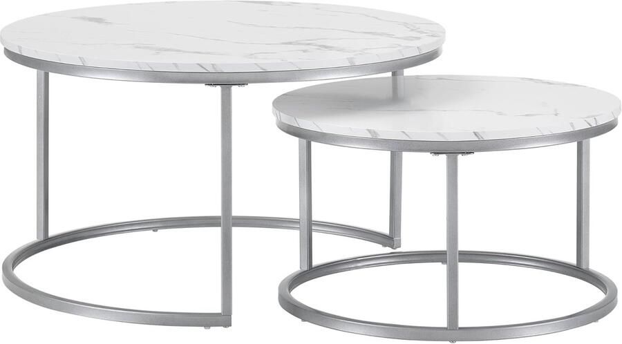 Ronde salontafel set van 2 met marmerlook en metalen frame voor woonkamer