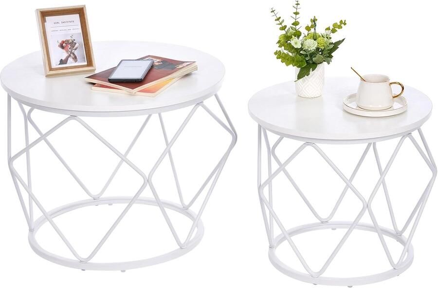 Ronde Salontafel Set van 2 met Metalen Frame Moderne Bijzettafels voor Woonkamer Slaapkamer en Kantoor