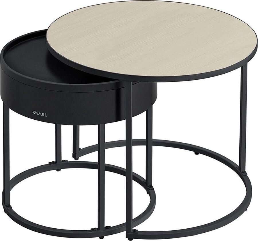 Rootz Living Rootz Ronde Salontafel Set van 2 Natuurlijk Beige-Inkt Zwart Bijzettafel Woonkamermeubilair MDF 60cm x 60cm x 45cm