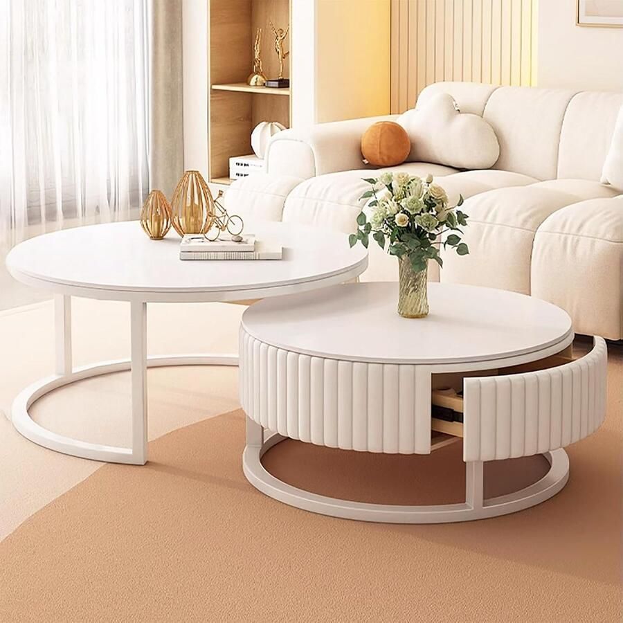 Ronde Salontafel Set van 2 Witte Nesting Tafels voor Woonkamer en Kantoor Marmeren Theetafels met Laden