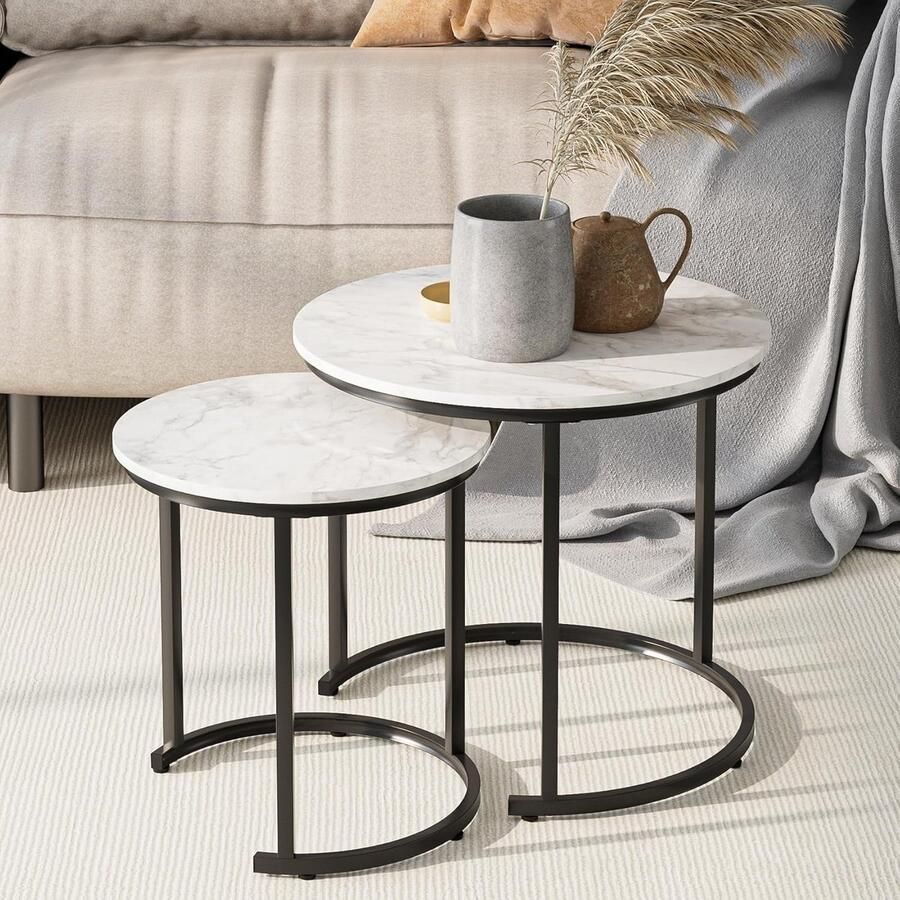Ronde salontafel set van 2 woonkamertafel bijzettafels zwart metaal salontafel voor banktafel woonkamer slaapkamer moderne stijl marmer