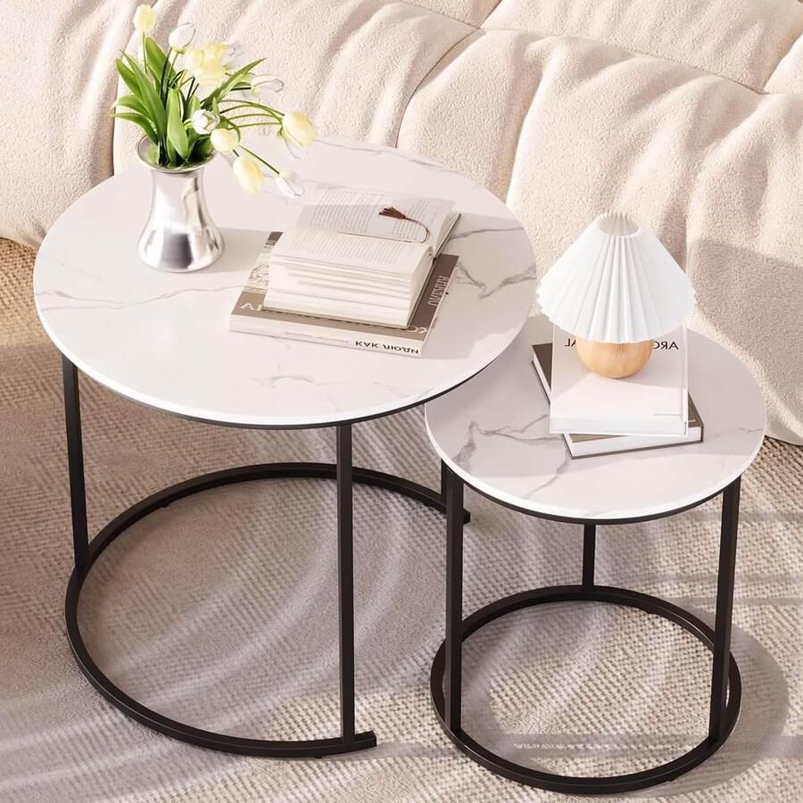 Ronde salontafel set van 2 woonkamertafel moderne bijzettafel van hout met stabiel metalen frame geschikt voor woonkamer balkon kantoor (wit marmer)