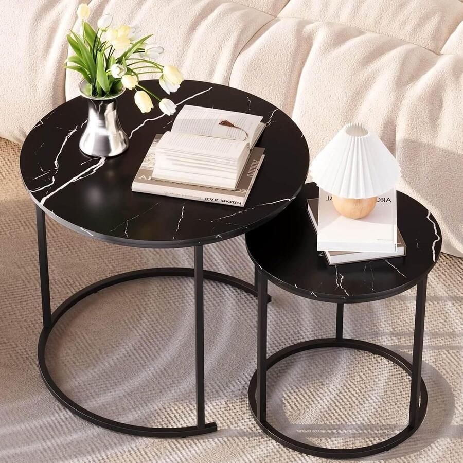 Ronde salontafel set van 2 woonkamertafel moderne bijzettafel van hout met stabiel metalen frame geschikt voor woonkamer balkon kantoor (zwart marmer)