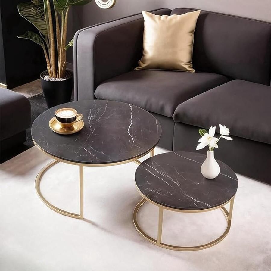 Ronde Salontafel Set – Zwart Marmer met Gouden Frame Modern Design (Ø80 + Ø60 cm)