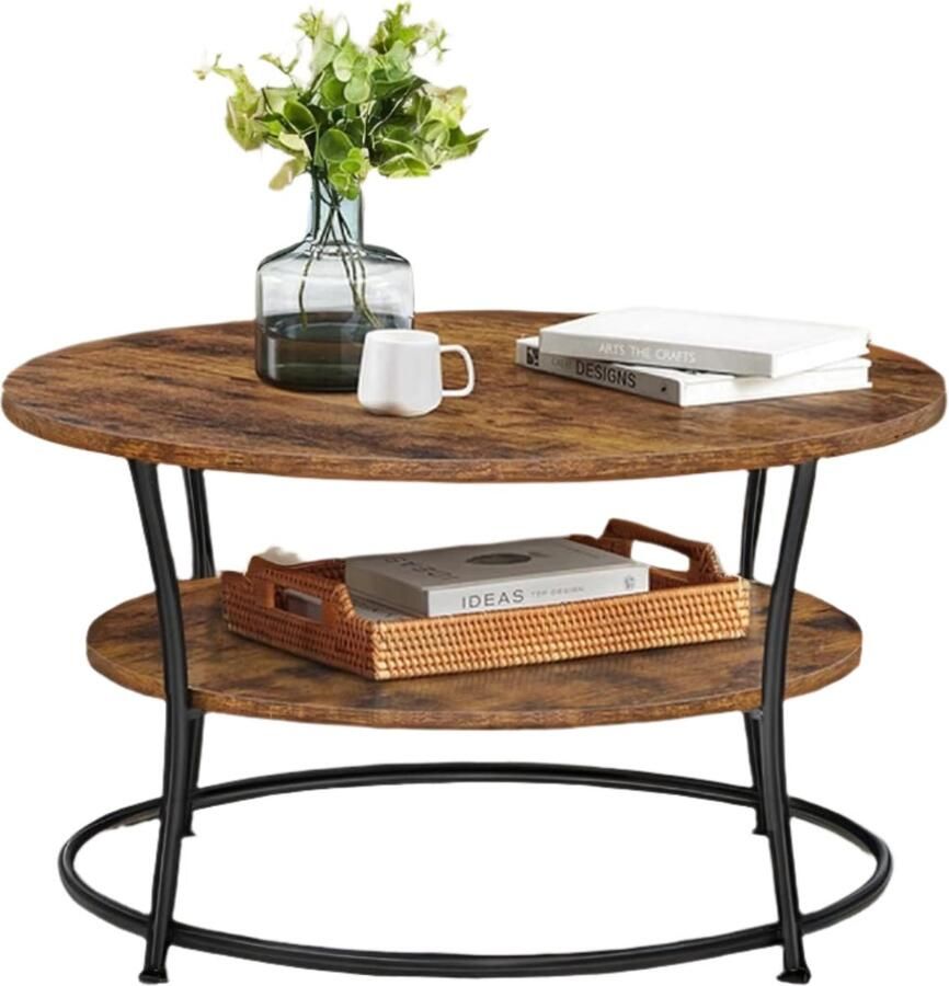 Ronde salontafel sofatisch met plank woonkamer tafel duurzame houten spaanplaat en staal 80 cm x 45 cm