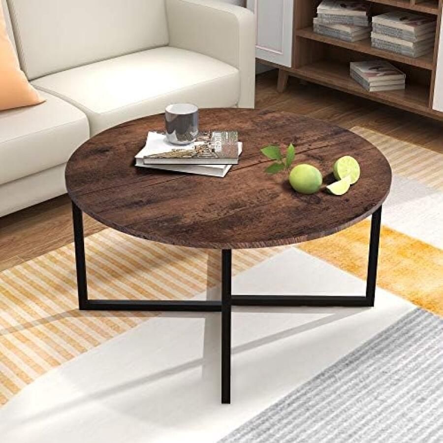 Ronde salontafel theetafel eindtafel sofa tafel voor woonkamer met metalen poten zwart+bruin eiken