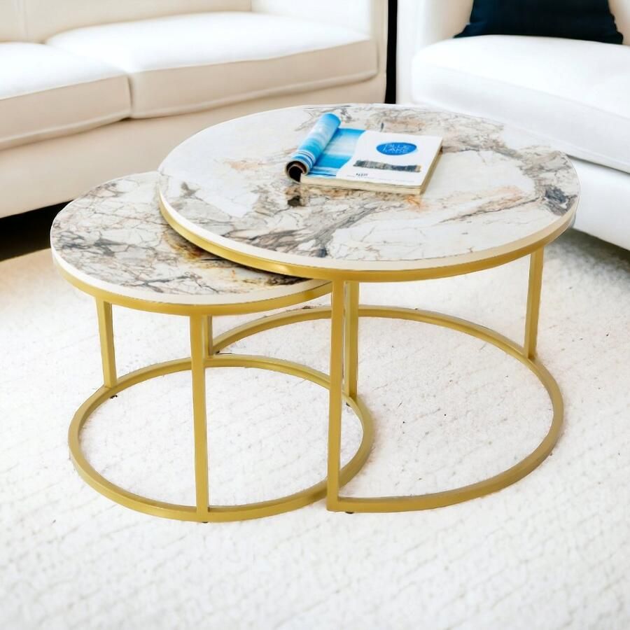 Meubel Sofa Meubelsofa-Ronde Salontafels-Marmer Set Van 2 – Bijzettafel Goud – Salontafel Rond –MDF Marmerlook– Ø80 & Ø70cm