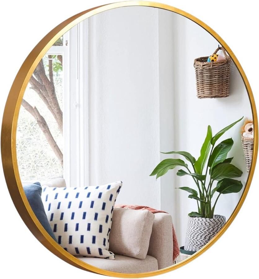 Ronde spiegel van 60X60cm grote kaptafel hangende decoratieve spiegel wandspiegel van aluminium frame geschikt voor wand badkamer slaapkamer woonkamer (goud)